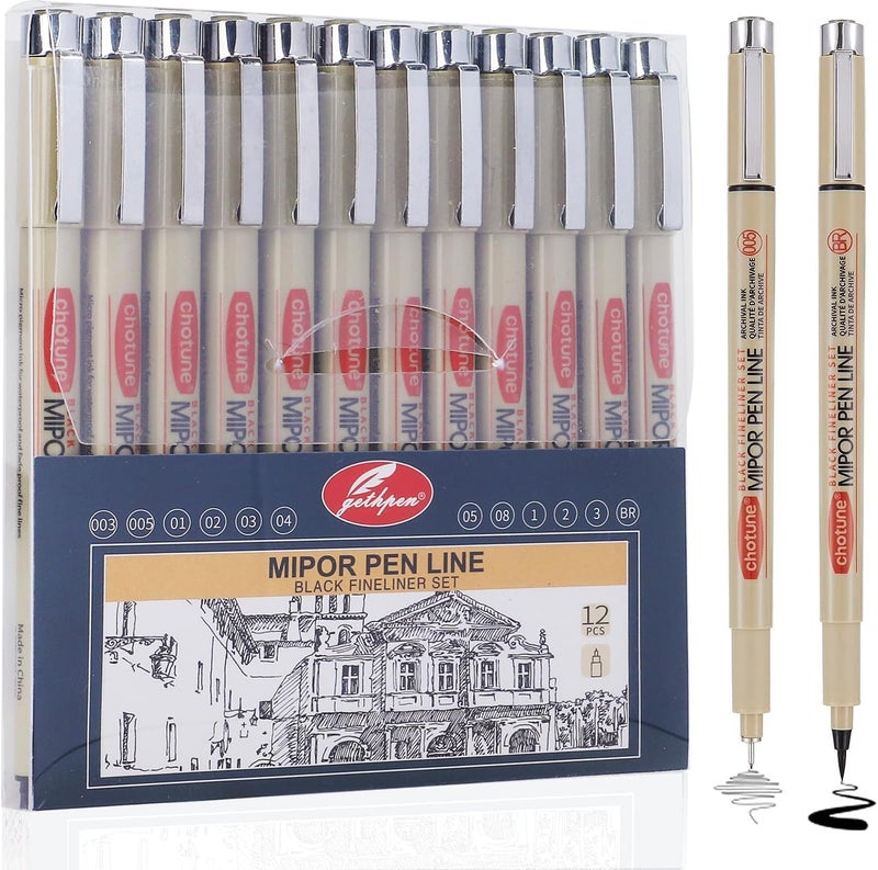 GETHPEN Micro Fineliner Drawing Art Pens: 12 Black Fine Line Waterproof Ink Set Artist Supplies Archival Inking Markers Liner Professional Sketch Outline Anime Sketching Artist Illustration Watercolor - Image 1